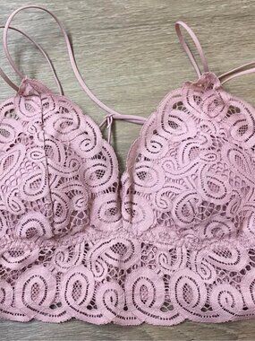 Victoria’s Secret Crochet Lace Strappy Longline Bralette Dusty Rose Size L